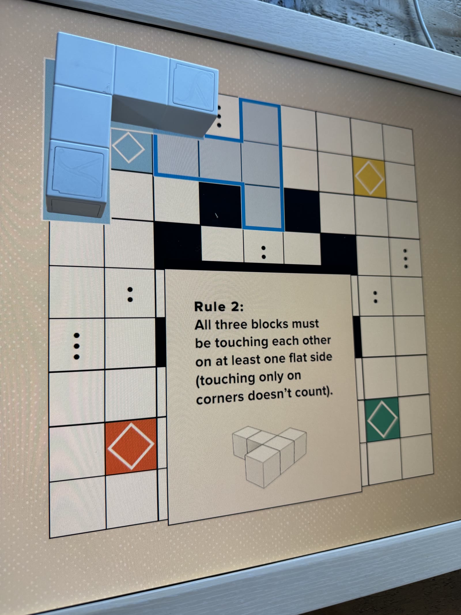 Three blue blocks touching one another along flat sides.