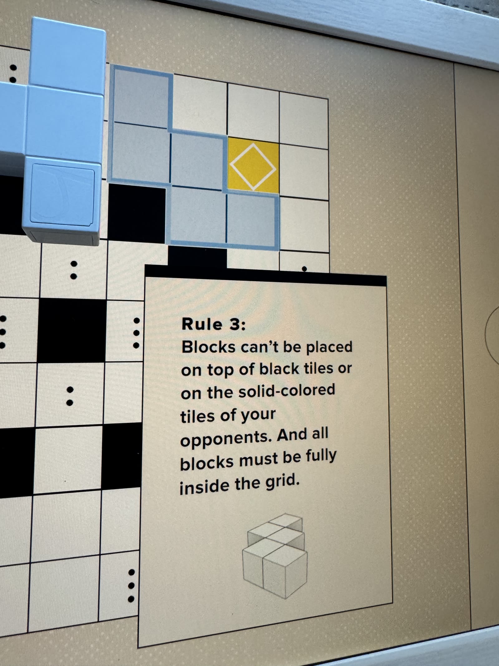 Blue practice placement beside Yellow territory and black tiles.