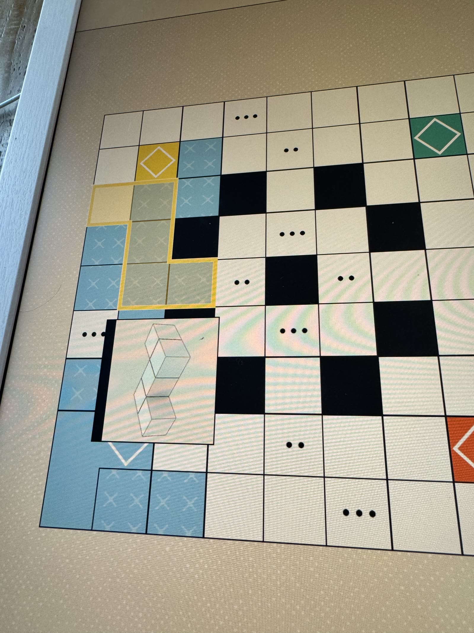 Yellow target footprint extending across Blue claimed tiles.