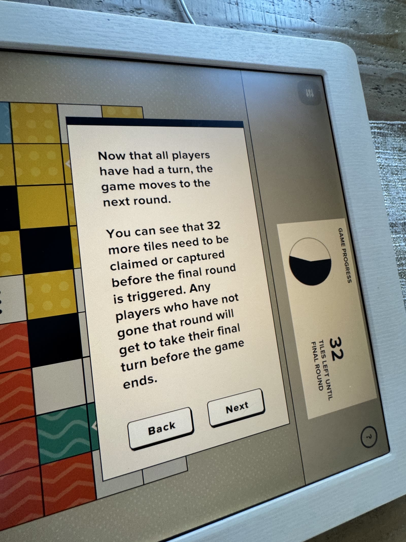 End-of-round tutorial with 32 tiles until the final round.